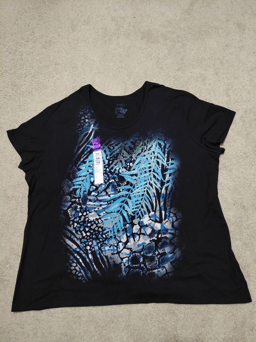 Just My Size Black Short-Sleeve Tee with Blue Fern Graphic NWT